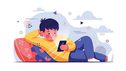 Young person reclining on colorful cushions, smiling at smartphone glow in relaxed modern scene vibe