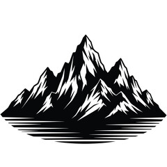 Black and white graphic illustration of jagged mountain peaks reflected in water silhouette