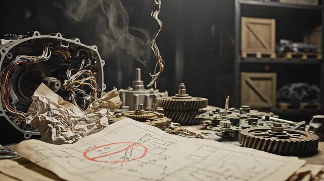 Intricate engineering schematics and mechanical components scattered on a workbench in a detailed workshop setting, showcasing a complex project in progress.