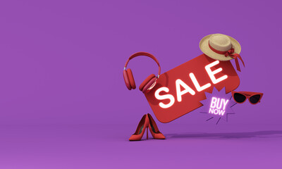 Minimal fashion sale concept with red shopping tag, buy now sign, accessories and high heels on purple background, modern retail promotion style. 3d rendering