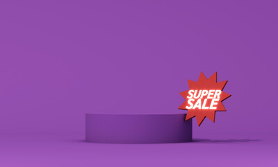 Minimal purple podium with super sale sign, clean background and empty product display platform for retail promotion and marketing. 3d rendering