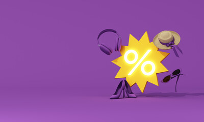 Minimal discount concept with percent sign, fashion accessories and high heels on purple background, modern shopping sale and promotion idea. 3d rendering