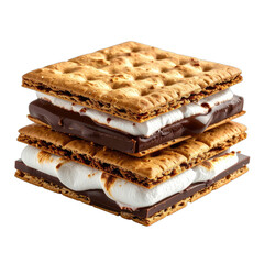 A tempting stack of two perfectly constructed s'mores against a stark black background.