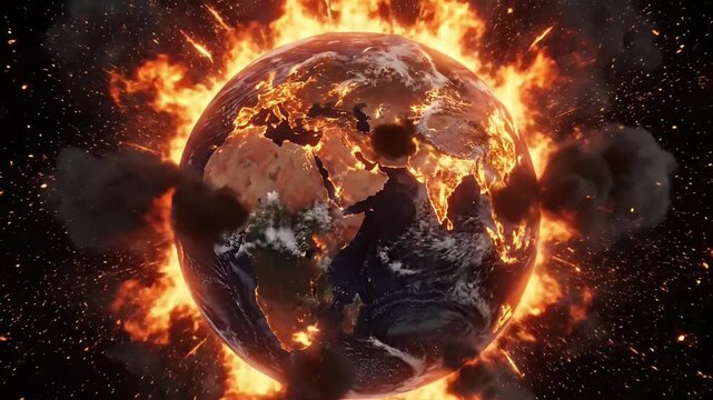 A powerful and dramatic visual features a full globe, resembling Earth, enveloped in intense, fiery flames and billowing dark smoke, set against a deep black cosmic background. The continents glow wit