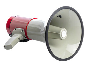 A classic, handheld megaphone, red and off-white in color, with a large funnel-shaped speaker, sits isolated against a black background