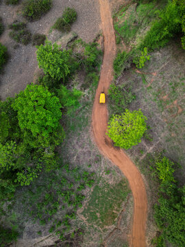Top-down drone shot of a winding dirt road cutting through green forest landscape at Awalegaon, Kudal, Maharashtra. A yellow rickshaw vehicle travels through rural nature terrain.