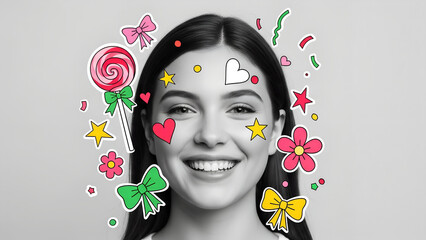 Young woman smiling with colorful doodles on her face and background