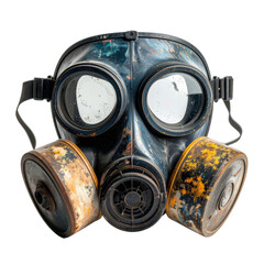 A close-up studio shot of a heavily weathered and rusty vintage gas mask against a stark black background.