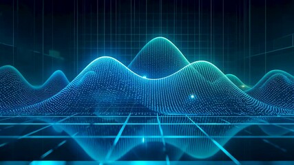 Blue digital waveform lines floating above grid surface on dark technology background - Powered by Adobe