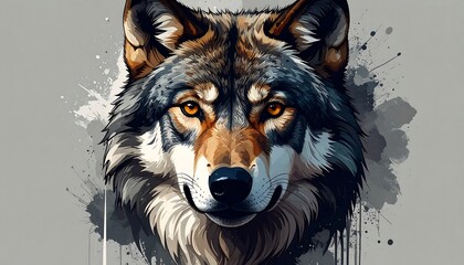 A close-up digital portrait of a wolf with intense amber eyes against a gray background. Splattered ink adds artistic flair