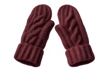 Pair of warm knitted wool mittens in a rich burgundy color, featuring a cable knit pattern for winter fashion