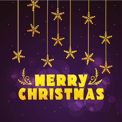 elegant greeting card design decorated with hanging golden snowflakes on shiny purple
