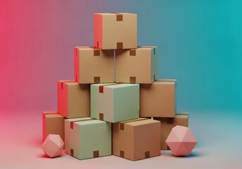 Obraz premium Stacked Cardboard Shipping Boxes Piled Under Vibrant Neon Duotone Lighting, Symbolizing E-commerce Logistics and Fast Global Delivery Success.