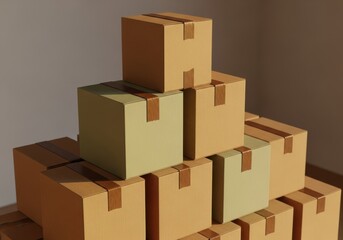 Pyramid of Sealed Shipping Boxes Ready for Delivery. Essential visual for E-commerce fulfillment, logistics services, and fast global transport.