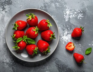 A close-up, high-angle shot of a gray plate filled with ripe, red berries, and mint leaves, with some berries scattered on the textured surface