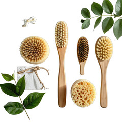 A collection of natural wooden body brushes and a sea sponge against a black background.