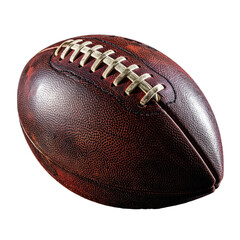 A close-up, dramatically lit, vintage brown leather American football against a black background.