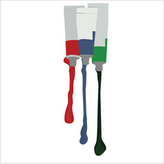 paint for painting. Illustration of three paint tubes squeezing out primary colors black, red, and blue
