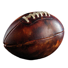 A close-up, dramatically lit photograph of a vintage leather American football against a black background.