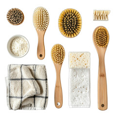 A collection of various natural cleaning brushes, a bowl of powder, and cleaning cloths displayed on a black background.