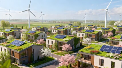 Fototapeta premium Eco-friendly residential neighborhood powered by renewable energy with green rooftops and clean urban planning.