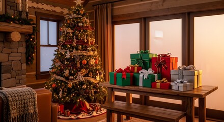 Obraz premium Festive Christmas Tree with Presents in Cozy Wooden Cabin Interior During Sunset