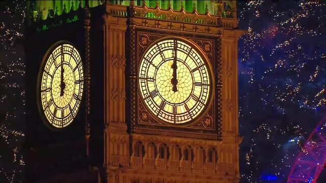Fireworks explode over Big Ben in London, England. New year's eve celebration in London, UK. 