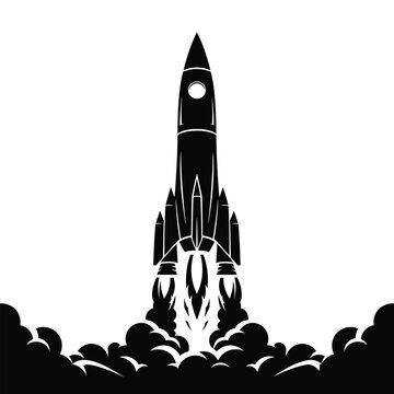 Black silhouette of a rocket launching with smoke and fire against a white background space spaceship