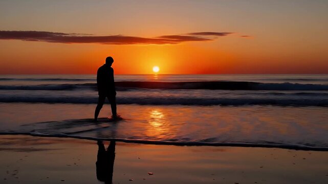 A serene and evocative wide shot captures the silhouette of a person standing contemplatively in the shallow ocean water as gentle waves roll onto the sandy shore. The vibrant setting sun, a fiery ora