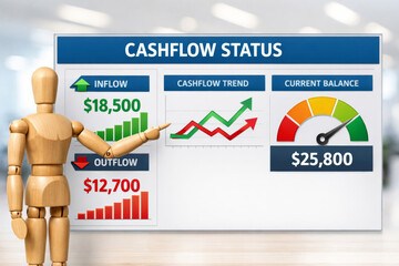 Cashflow status concept with wooden mannequin pointing at financial dashboard showing inflow, outflow, cashflow trend, and current balance with colorful charts and graphs