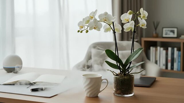 A serene and meticulously organized contemporary home office setting, featuring a light wooden desk adorned with an open notebook, an elegant pen, and a white ceramic mug. A beautiful potted white orc