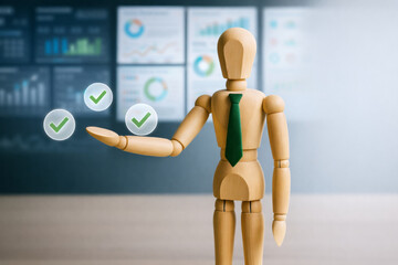 Wooden mannequin with green tie presenting check marks in office with charts and graphs in background, symbolizing success and approval in business and marketing