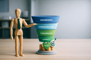 Marketing funnel concept with wooden mannequin and coins, showing stages of awareness, consideration, conversion, loyalty, and trust in business growth