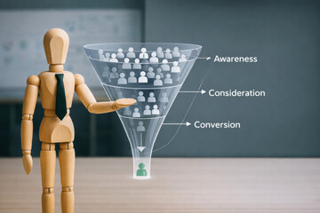 Marketing funnel concept with wooden mannequin figure presenting customer journey stages from awareness to conversion in business strategy visualization