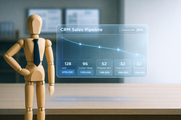 Wooden mannequin with tie standing near digital CRM sales pipeline graph showing conversion rate and sales data in modern office, symbolizing business strategy and marketing success