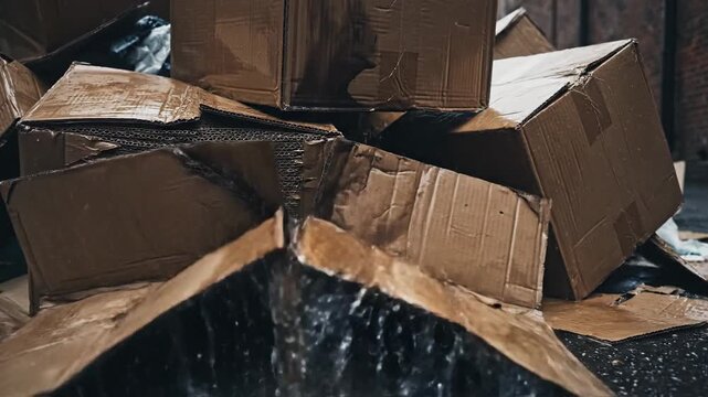 Pile of sodden cardboard boxes with water damage in an urban alleyway, showing signs of neglect and decay