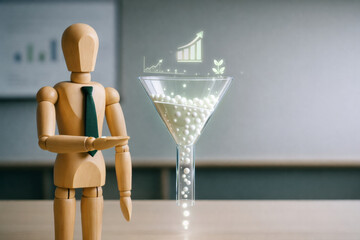 Wooden mannequin with tie presenting funnel with glowing spheres and business growth icons, symbolizing marketing strategy and sales conversion success