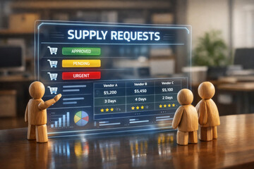 Supply requests concept with wooden figures analyzing vendor prices, delivery times, and approval status transparent digital interface, symbolizing business decision making and procurement