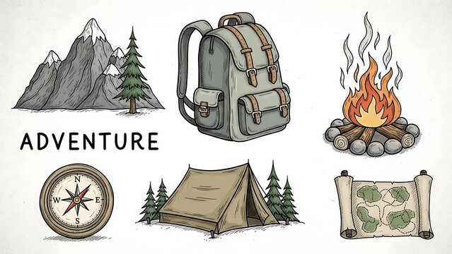 Camping Adventure Icons with Backpack and Compass.