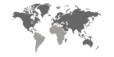 A grayscale world map illustration highlighting continents and major landmasses