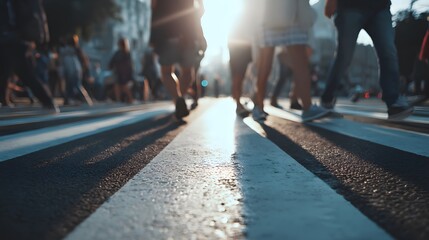 Fototapeta premium People Crossing Street at Zebra Crossing with Sunlight.