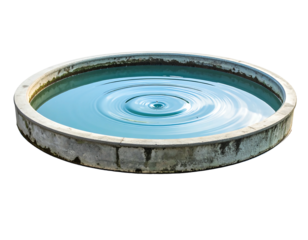 A circular, concrete basin holds turquoise water, ripples radiating from a central point of impact, creating a peaceful, reflective scene