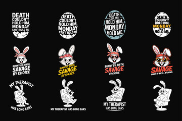 Easter bunny and egg themed graphic designs with humorous quotes rabbit