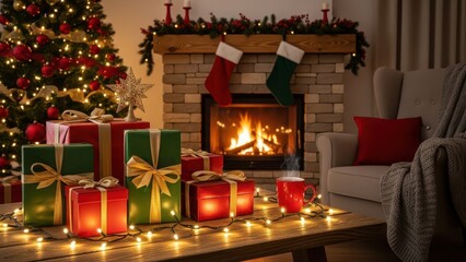 Christmas presents and fireplace isolated on white background