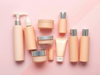 Collection of elegant skincare products arranged on a soft pink background