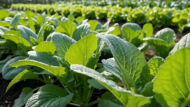A serene outdoor scene showcases rows of lush, vibrant green leafy plants thriving in a well-maintained agricultural field under bright natural light. Glistening water droplets adorn the healthy folia
