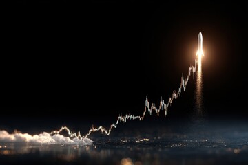 Rocket launching into the night sky with a stock market graph overlay, symbolizing growth and success in business and finance