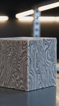 Vertical screen, metal cube with a mesmerizing wood like pattern slowly rotates, showcasing the craftsmanship of damascus steel in a modern laboratory setting