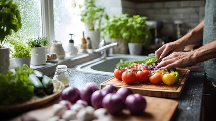 Preparing Fresh Vegetables in a Bright Kitchen.
