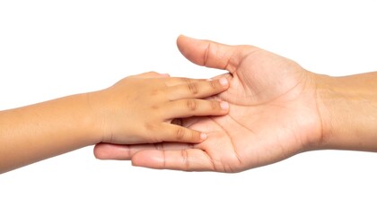 A close-up, isolated shot of a small child's hand being held by an adult's. Hands are brown, set against a stark white backdrop